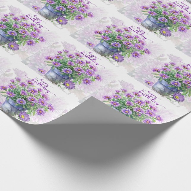 Papier Cadeau Fleurs d'Aster pourpre dans un pot Joyeux annivers (Coin)
