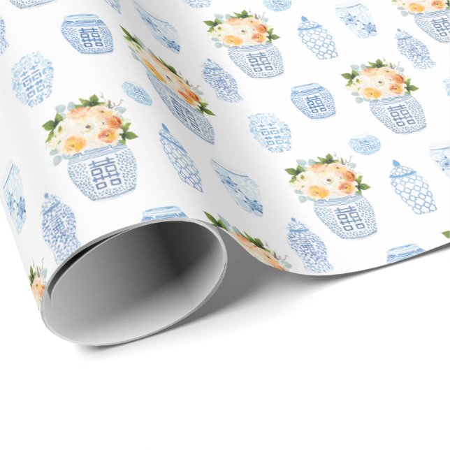 Papier Cadeau Fleurs D'Automne De Dame Intemporelles Bleu Blanc  (Coin rond)