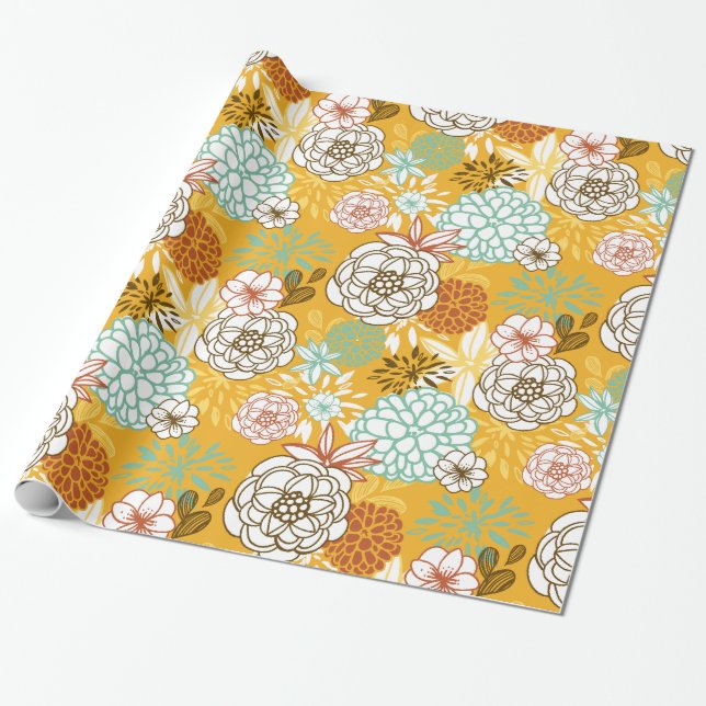 Papier Cadeau Fleurs d'automne et papier d'enveloppement Feuille (Déroulé)