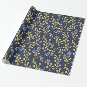 Papier Cadeau Fleurs de baies aquarelles bleu marine 
