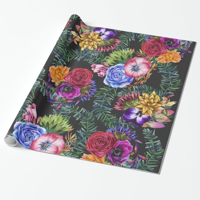 Papier Cadeau Fleurs de Bohème d'aquarelle et feuille tropical (Déroulé)