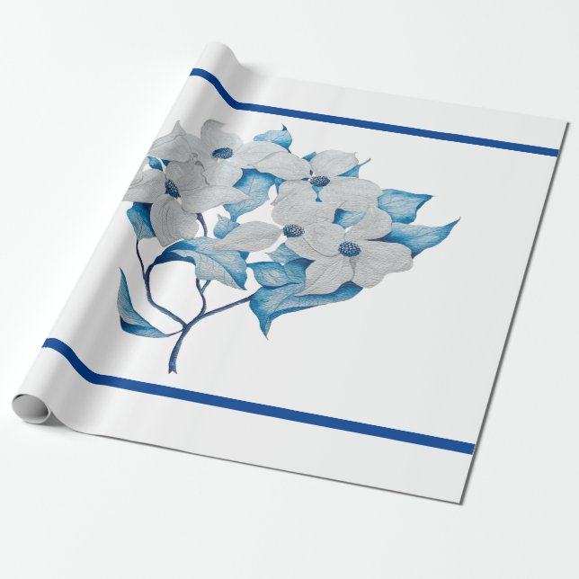 Papier Cadeau Fleurs de bois de chien sur papier d'enveloppement (Déroulé)