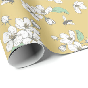 Papier Cadeau Fleurs de cerisier et abeilles Satin Or sans coutu