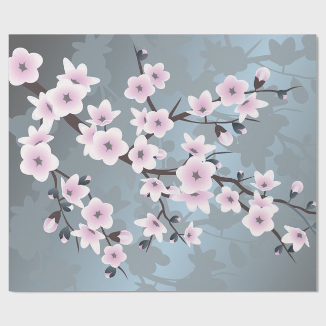 Papier Cadeau Fleurs de cerisier Floral Dusky Rose Dusty Bleu  (Plat)