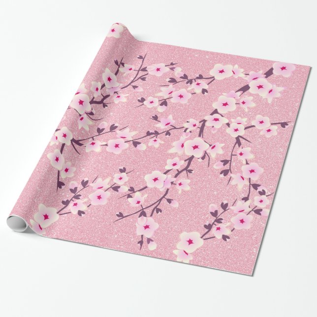 Papier Cadeau Fleurs de cerisier Parties scintillant rose Floral (Déroulé)