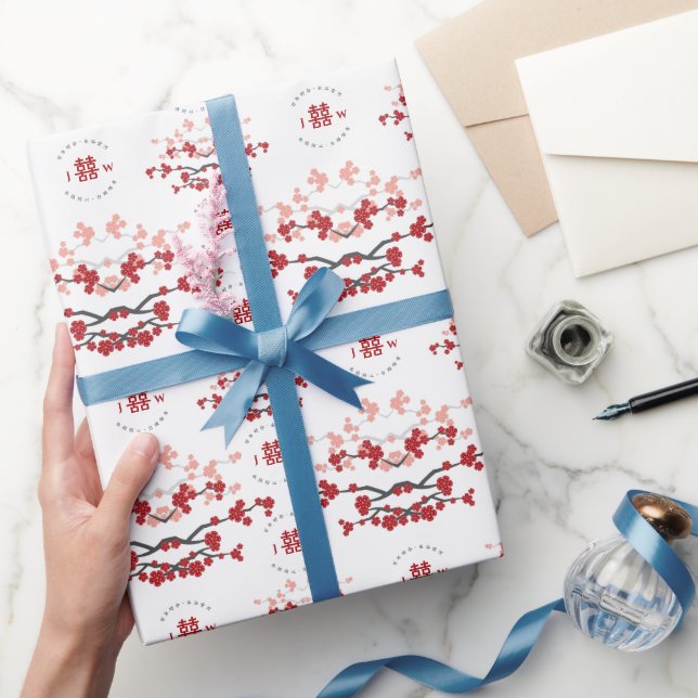 Papier Cadeau Fleurs de cerisier rouge et Mariage chinois double (Cadeaux)