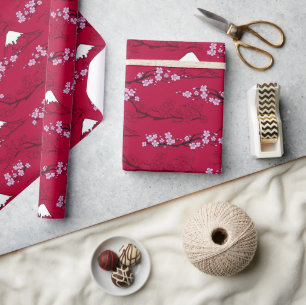 Papier Cadeau Fleurs de cerisiers à l'asiatique Mt. Fuji & rouge