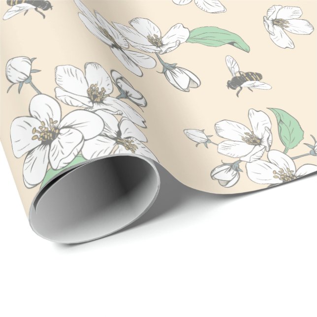 Papier Cadeau Fleurs de cerisiers et abeilles Antique Blanc sans (Coin rond)