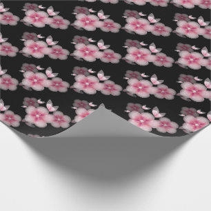 Papier Cadeau fleurs de cerisiers roses sur le noir