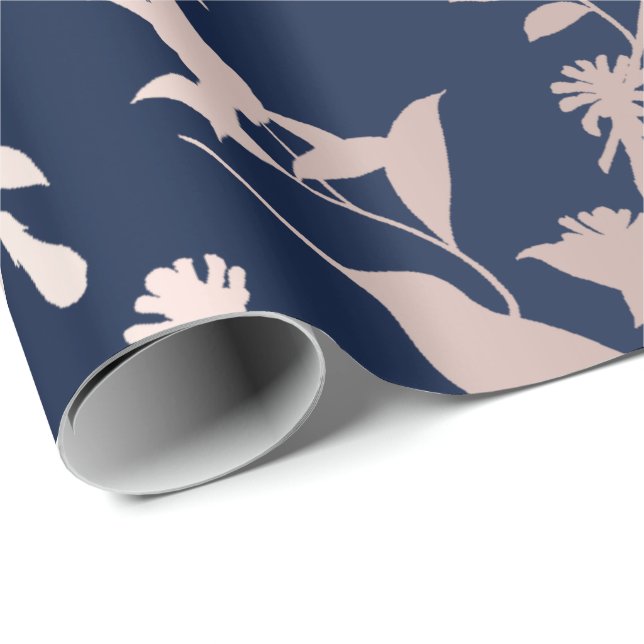 Papier Cadeau Fleurs de colibri rose Gold Blush Blue Navy (Coin rond)