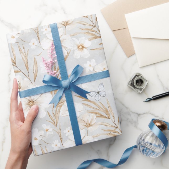 Papier Cadeau Fleurs de crème blanche Fête des mariées de papill (Cadeaux)