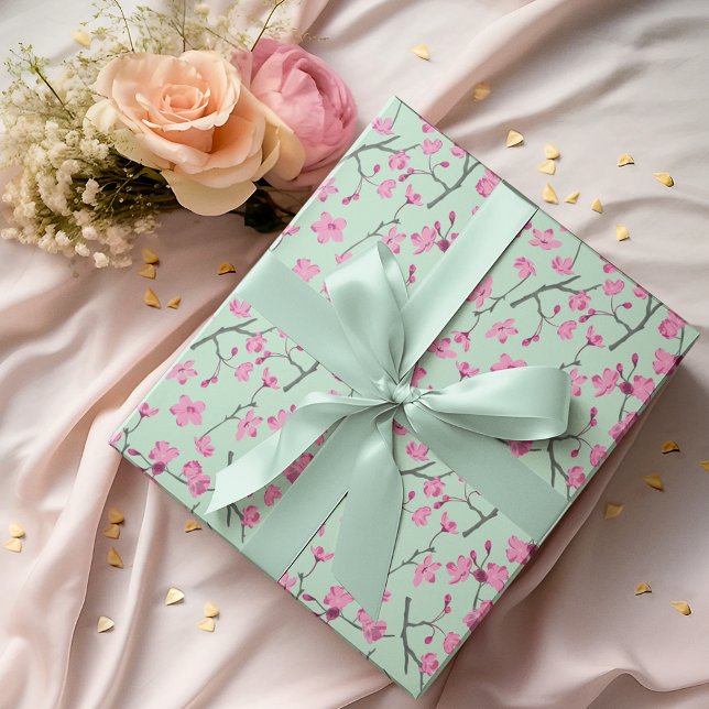 Papier Cadeau Fleurs de fleurs de cerise rose et verte à la ment (Créateur téléchargé)