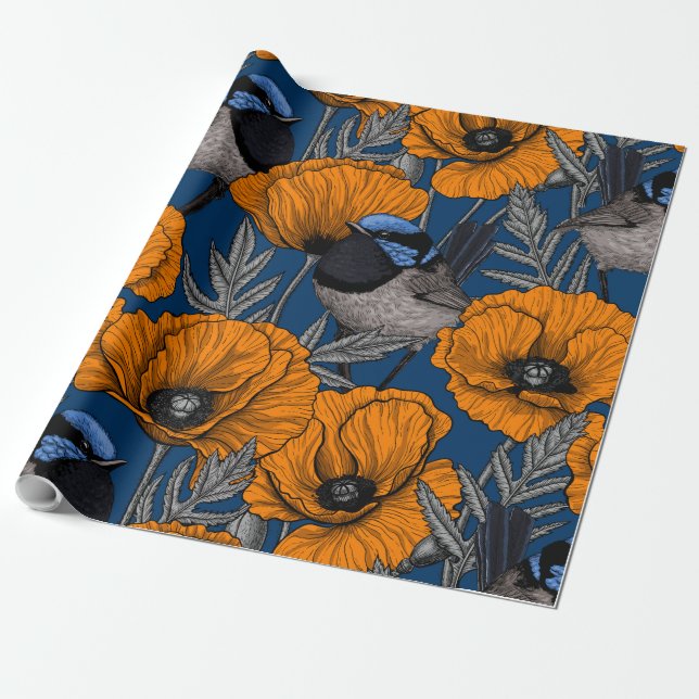 Papier Cadeau Fleurs de fleurs et fleurs de pavot orange (Déroulé)