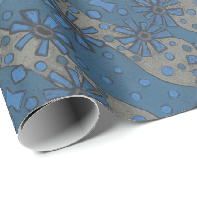 Papier Cadeau Fleurs de glace, motif floral bleu & gris, rustiqu (Coin rond)
