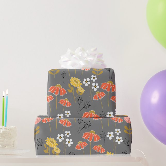 Papier Cadeau Fleurs de gribouillis orange et jaune (Cadeaux de fête)