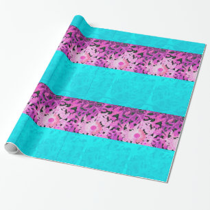 PAPIER CADEAU FLEURS DE JOUR BLEU TURQUOISES ROSES