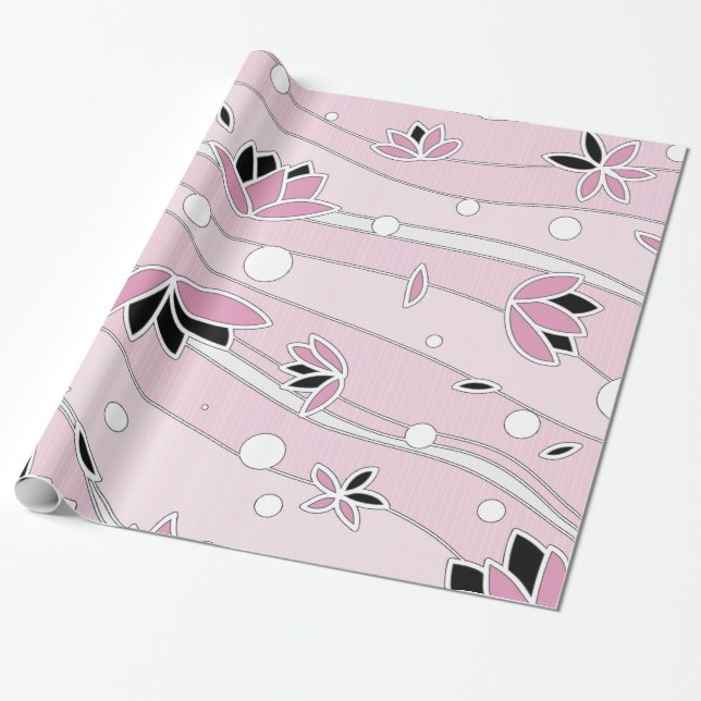 Papier Cadeau Fleurs de Lotus roses sur bandes roses (Déroulé)
