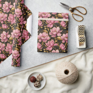 Papier Cadeau Fleurs de Magnolia à floraison rose et or