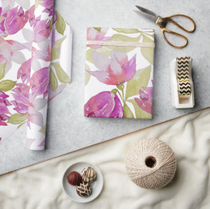 Papier Cadeau Fleurs de Magnolia Roses Art Aquarelle