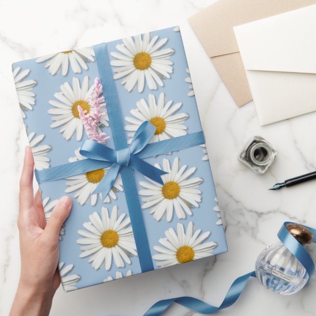 Papier Cadeau Fleurs de marguerite - Mode Mariage bleu (Cadeaux)