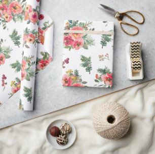 Papier Cadeau Fleurs de Noël et branche de pin motif Fête
