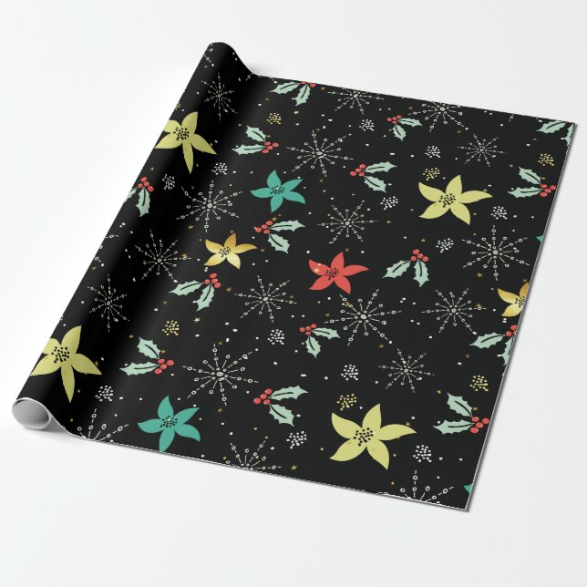 Papier Cadeau Fleurs de Noël et Motif de flocons de neige (Déroulé)