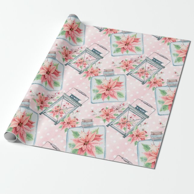 Papier Cadeau Fleurs de Noël rose Poinsettia (Déroulé)