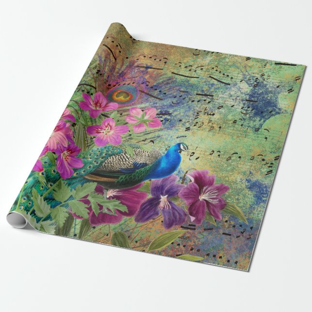 Papier Cadeau Fleurs de paon et musique (Déroulé)