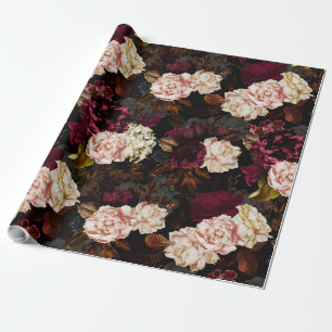 Papier Cadeau Fleurs de pivoines antiques baroques sur le noir