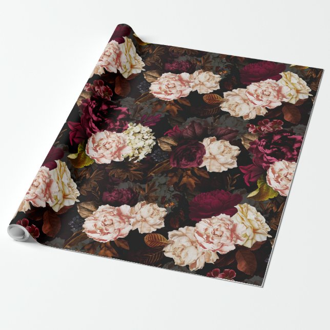 Papier Cadeau Fleurs de pivoines antiques baroques sur le noir (Déroulé)