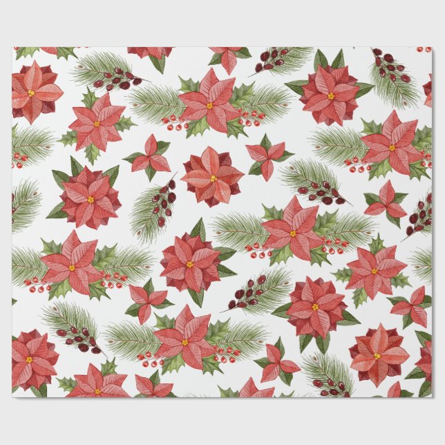 Papier Cadeau Fleurs De Poinsététie Rouge Et Baies Selles (Plat)