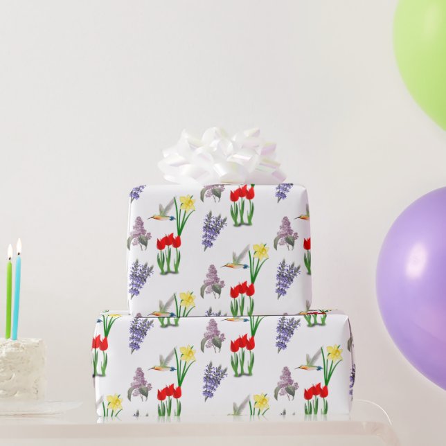 Papier Cadeau Fleurs de printemps et colibri (Cadeaux de fête)