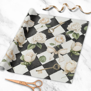 Papier Cadeau Fleurs de rose vintage motif diamant noir et blanc