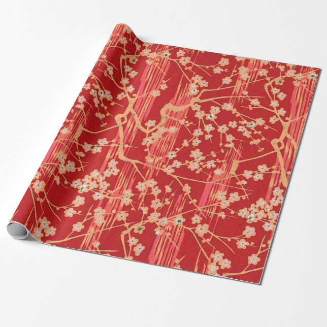 Papier Cadeau FLEURS DE SAKURA ROUGE Modèle floral japonais anti (Déroulé)