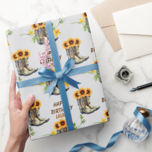 Papier Cadeau Fleurs de soleil et bottes de fille Anniversaire