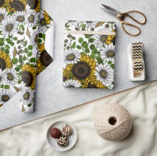 Papier Cadeau Fleurs de soleil et marguerites, jardin d'été 3