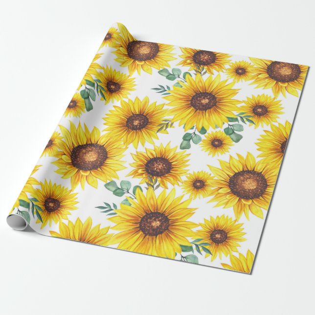 Papier Cadeau Fleurs de soleil géantes sur Arrière - plan blanc (Déroulé)