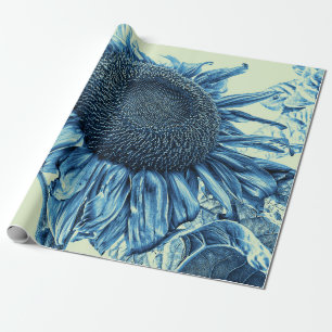Papier Cadeau Fleurs de soleil géantes Vintage Art Bleu Découp
