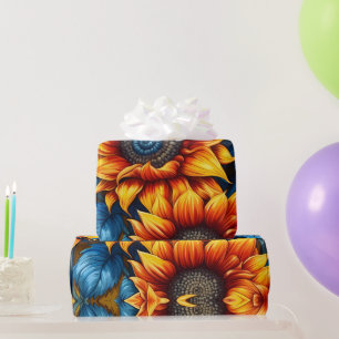 Papier Cadeau Fleurs de soleil jaune rouge et bleu