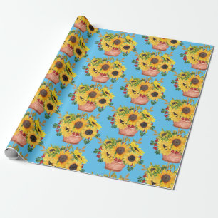 Papier Cadeau Fleurs de soleil pointillées sur bleu