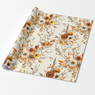 Papier Cadeau Fleurs de terre cuite et blanches, boho exotique b