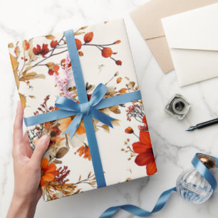 Papier Cadeau Fleurs de terre cuite et blanches, botanique boho 