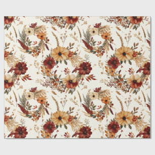 Papier Cadeau Fleurs de terre cuite et blanches, botanique boho 