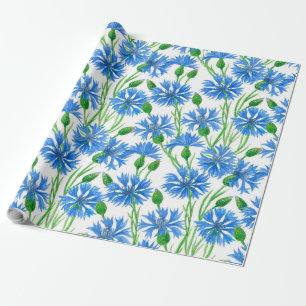 Papier Cadeau Fleurs d'eau bleu, fleurs sauvages sur blanc