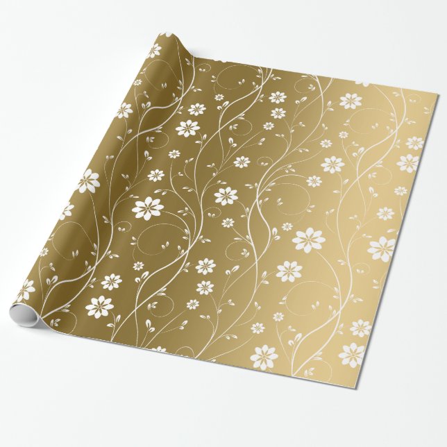 Papier Cadeau Fleurs Delicates Blanches Sur Arrière - plan Or (Déroulé)