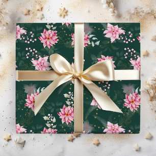Papier Cadeau Fleurs d'Euphorbe Rose sur Fond Vert Foncé
