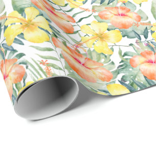 Papier Cadeau Fleurs d'Hibiscus Jaunes Pêche Tropicale