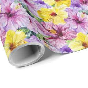 Papier Cadeau Fleurs d'Hibiscus Rose et Jaune