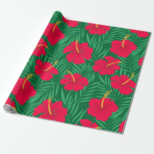 Papier Cadeau Fleurs d'Hibiscus Rouge sur Motif de Feuilles Trop