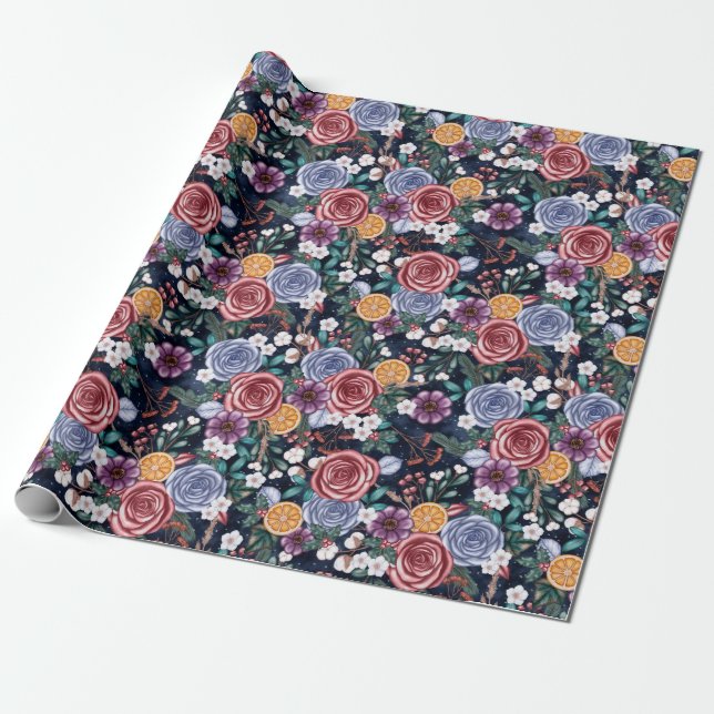 Papier Cadeau Fleurs d'hiver foncées Yule Papier d'enveloppement (Déroulé)